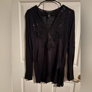 INC. International Concepts Black 100% Linen Beaded Long Sleeve Top